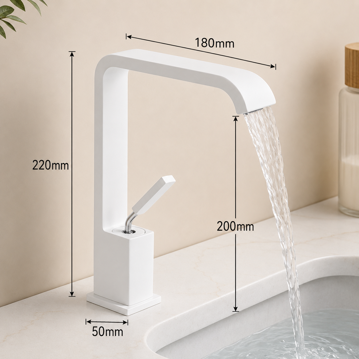Matte White Waterfall Bathroom Faucet with High-Arc Square Design