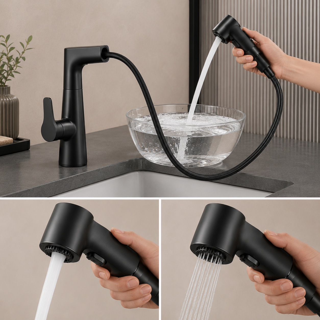 Matte Black Pull-Out Kitchen Faucet with Dual Water Modes & Flexible Spray Head