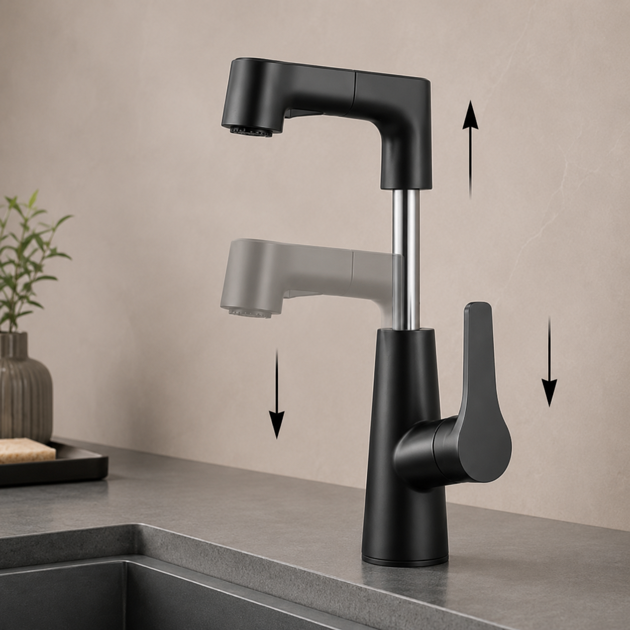 Matte Black Pull-Out Kitchen Faucet with Dual Water Modes & Flexible Spray Head