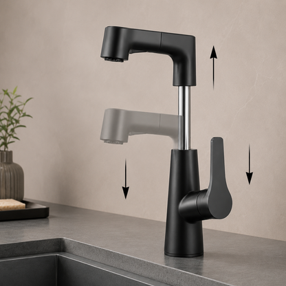 Matte Black Pull-Out Kitchen Faucet with Dual Water Modes & Flexible Spray Head