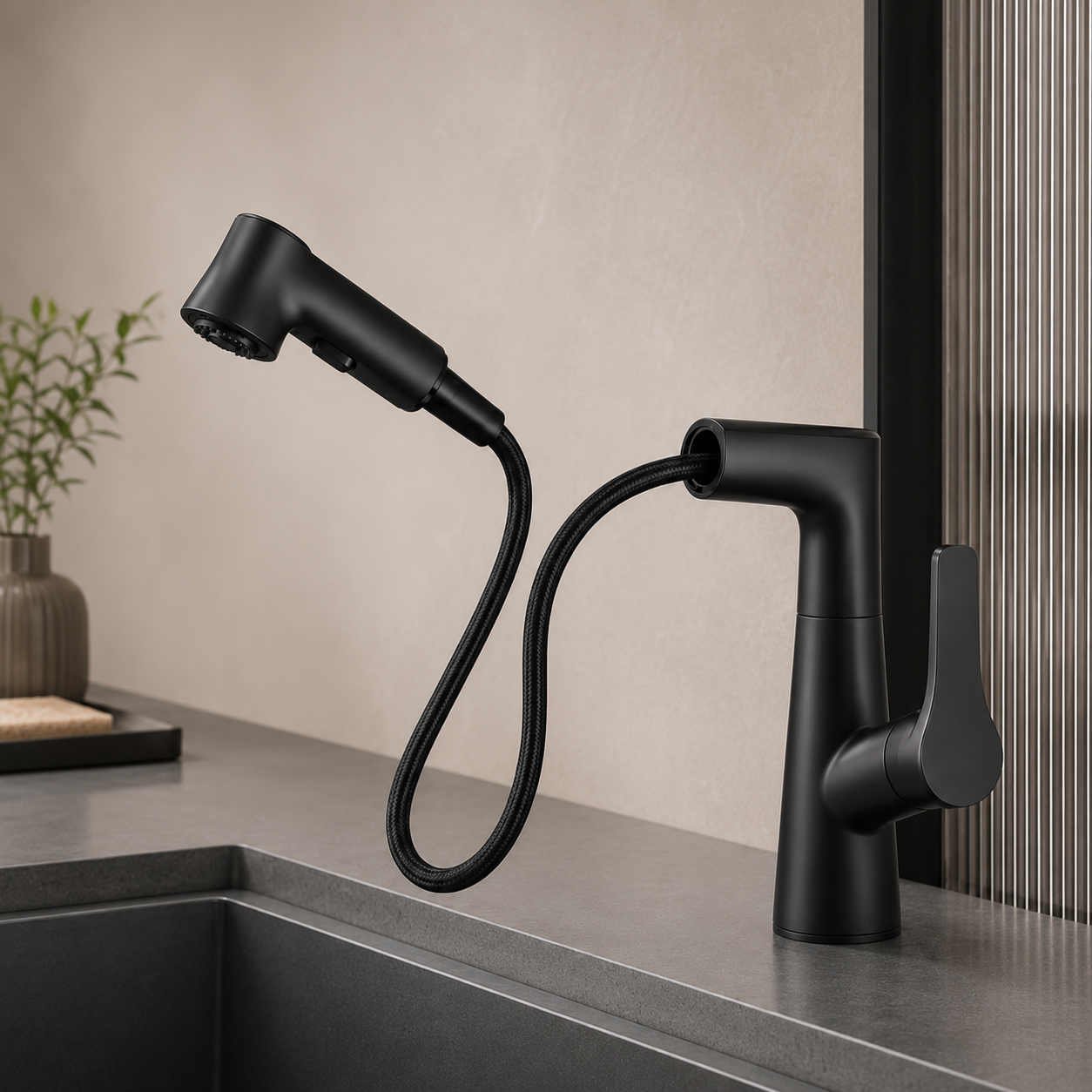 Matte Black Pull-Out Kitchen Faucet with Dual Water Modes & Flexible Spray Head