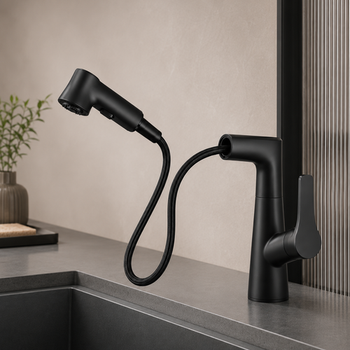 Matte Black Pull-Out Kitchen Faucet with Dual Water Modes & Flexible Spray Head