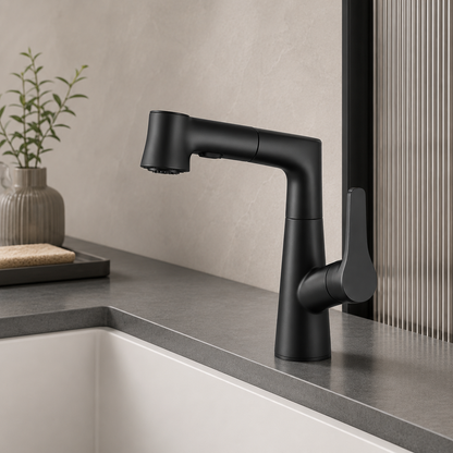 Matte Black Pull-Out Kitchen Faucet with Dual Water Modes & Flexible Spray Head