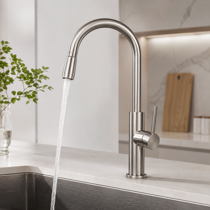 Brushed Stainless Steel Pull-Out Kitchen Faucet with High-Arc Swivel Spout