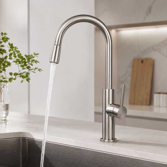 Brushed Stainless Steel Pull-Out Kitchen Faucet with High-Arc Swivel Spout