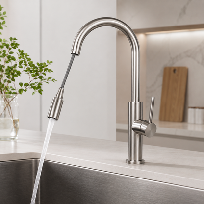 Brushed Stainless Steel Pull-Out Kitchen Faucet with High-Arc Swivel Spout