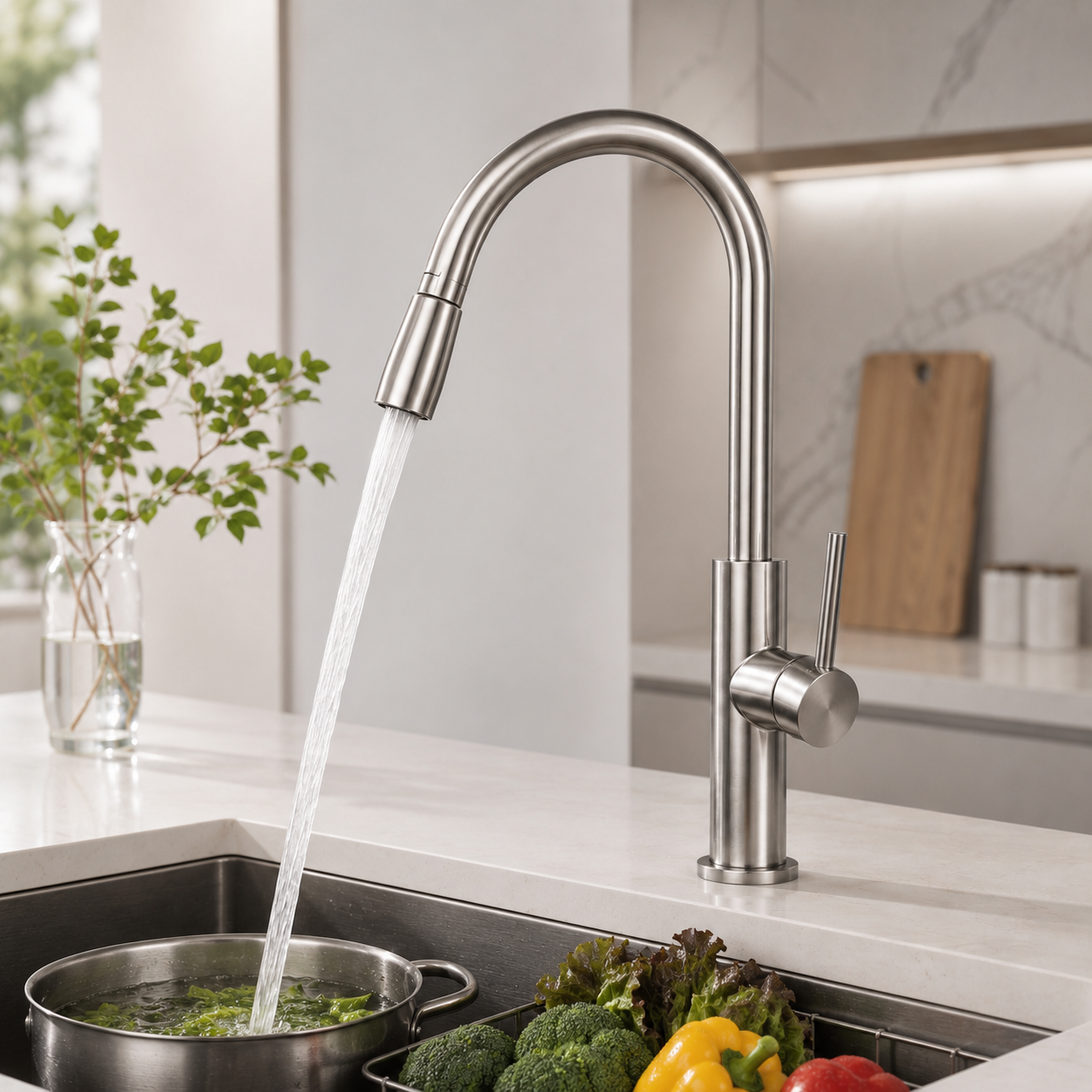 Brushed Stainless Steel Pull-Out Kitchen Faucet with High-Arc Swivel Spout