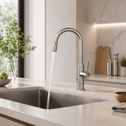Brushed Stainless Steel Pull-Out Kitchen Faucet with High-Arc Swivel Spout