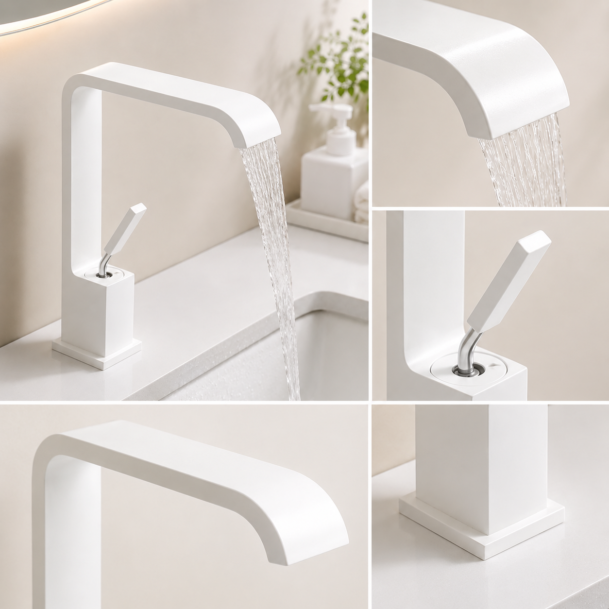 Matte White Waterfall Bathroom Faucet with High-Arc Square Design