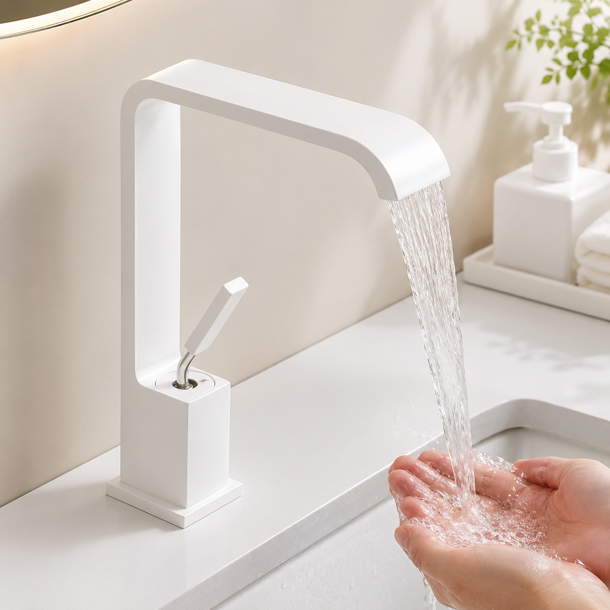Matte White Waterfall Bathroom Faucet with High-Arc Square Design