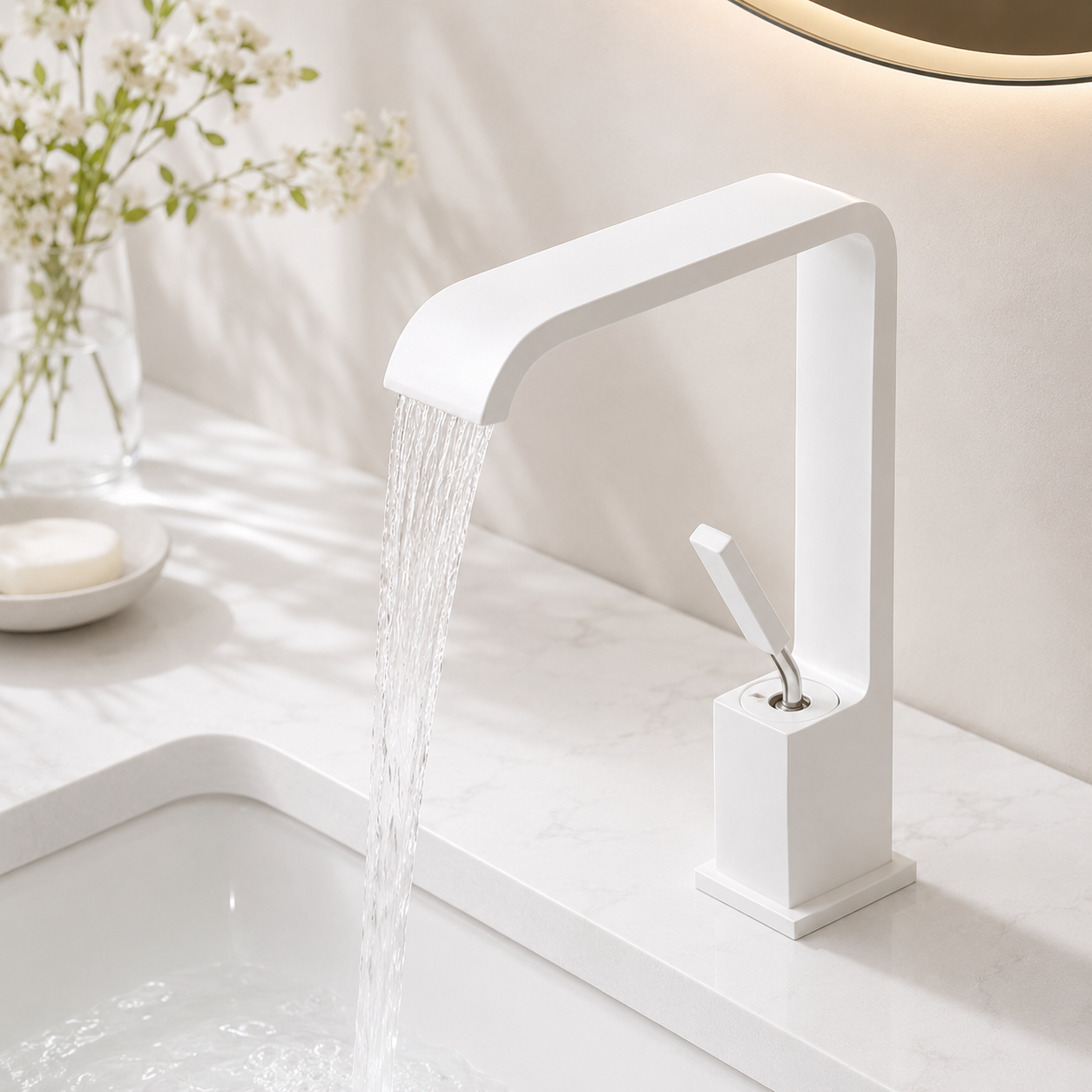 Matte White Waterfall Bathroom Faucet with High-Arc Square Design