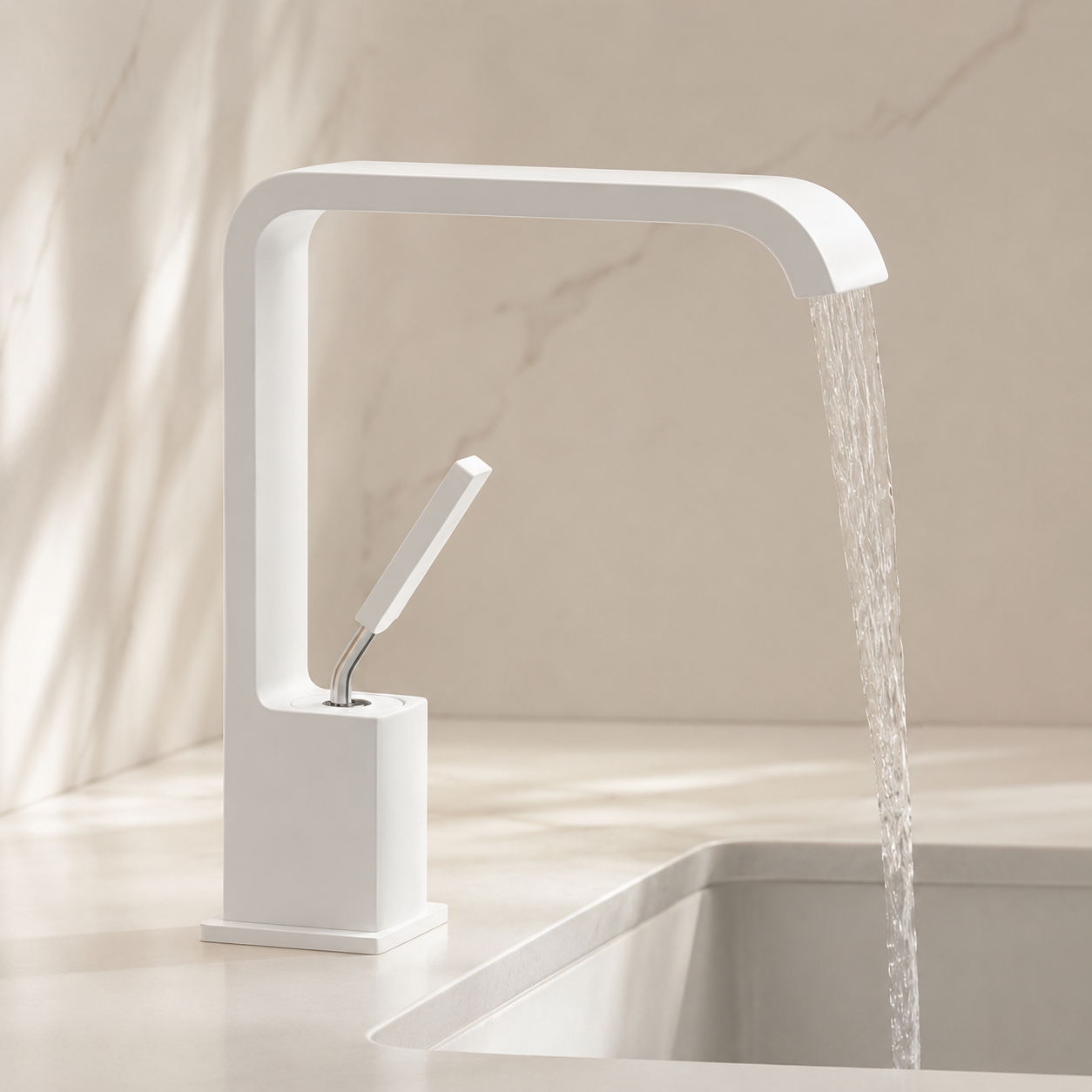 Matte White Waterfall Bathroom Faucet with High-Arc Square Design