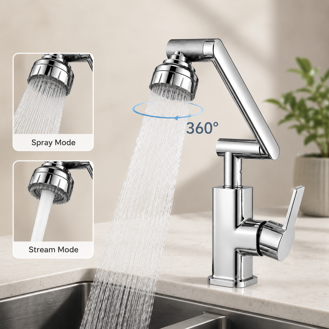 360° Rotating Dual-Mode Kitchen Faucet with Adjustable Spray Head